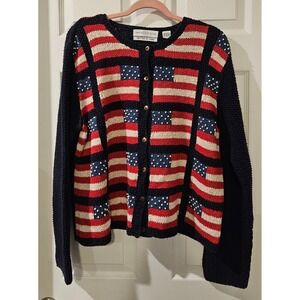 Vintage Marisa Christina Flag Sweater Large Linen Cotton Hand Knit USA Patriotic